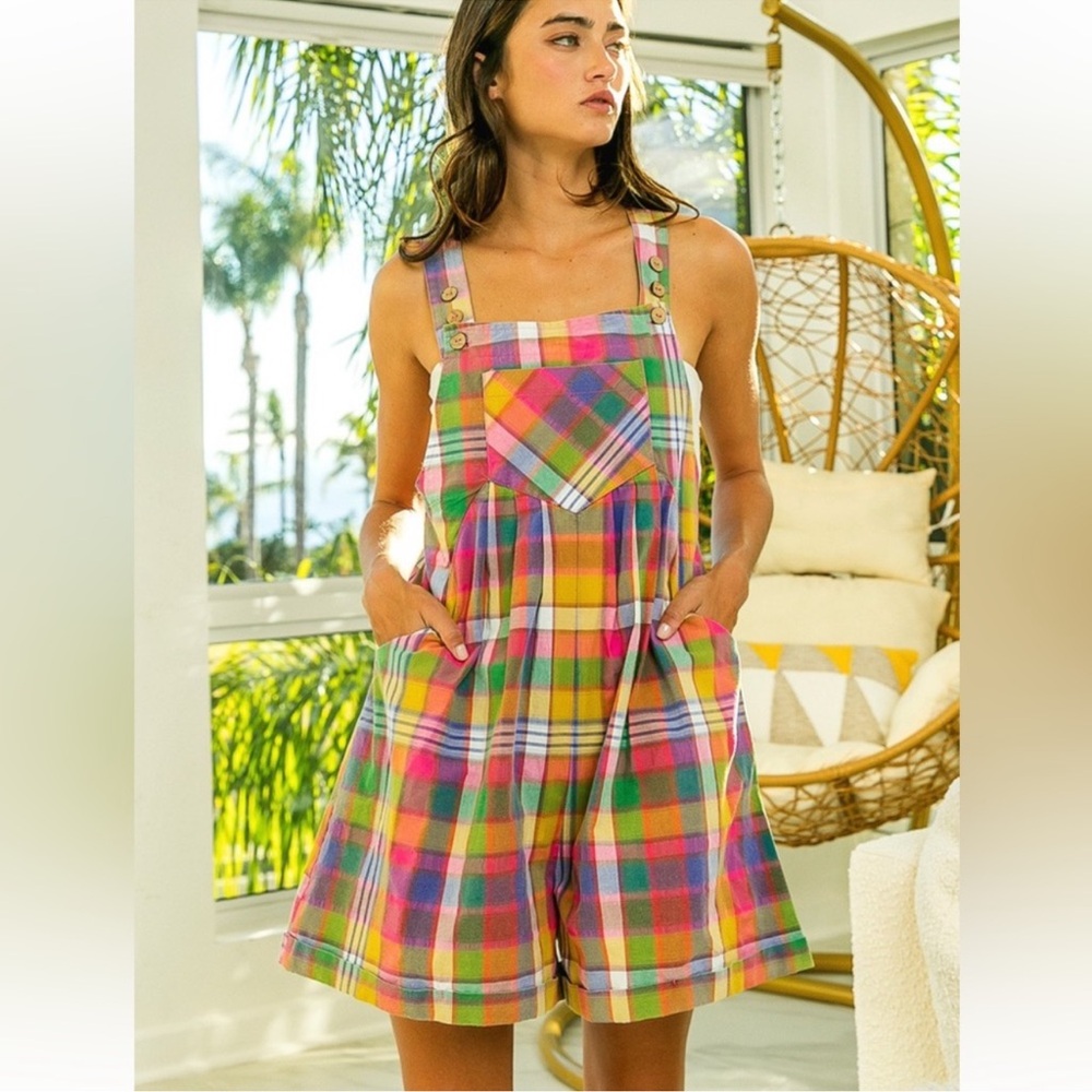 BiBi Bleached Retro Vintage Plaid Wide Leg
Overalls Shorts Romper with Pockets